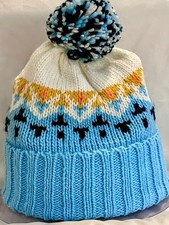 New Chunky Knit Aqua White Cuffed Beanie Hat Winter Warm Ski Cap Retro