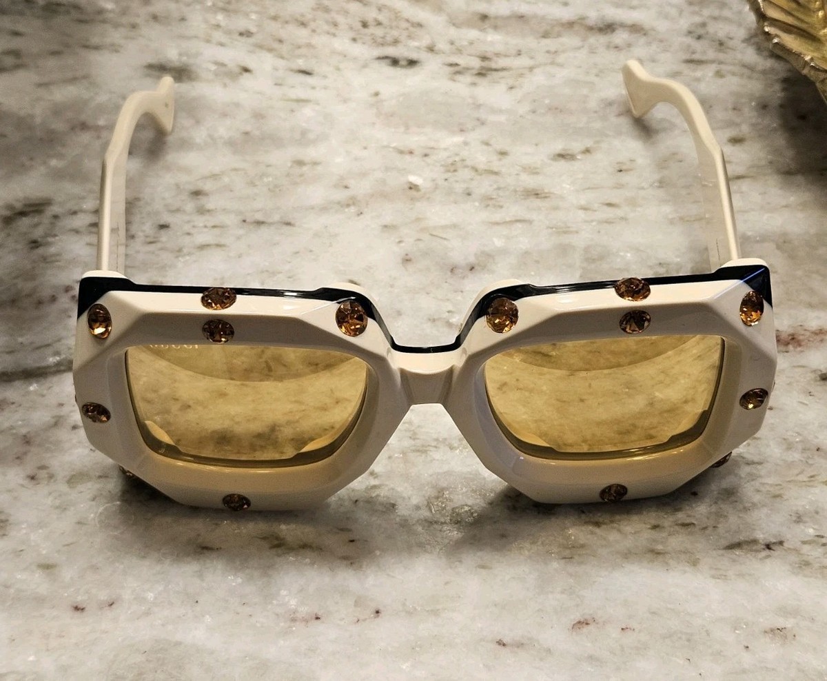 RARE GUCCI HOLLYWOOD FOREVER OVERSIZED SQUARE IVORY MASK EMBELLISHED SUNGLASSES GUCCI HOLLYWOOD FOREVER 1412 Ivory Strass Crystal Gg1412S  main image 2