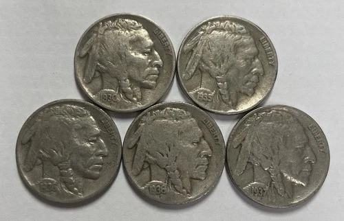 1930 1935 1936 1936-D 1937 Buffalo Nickel Lot of 5