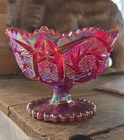 VTG Iridescent Ruby Red Carnival Glass FOOTED BOWL  LE Smith Sawtooth