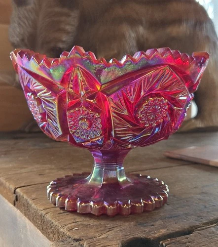 VTG Iridescent Ruby Red Carnival Glass FOOTED BOWL  LE Smith Sawtooth