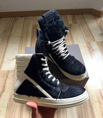Rick Owens Geobasket Pony Hair Black Milk High Top Sneakers EU 43 Made Italy