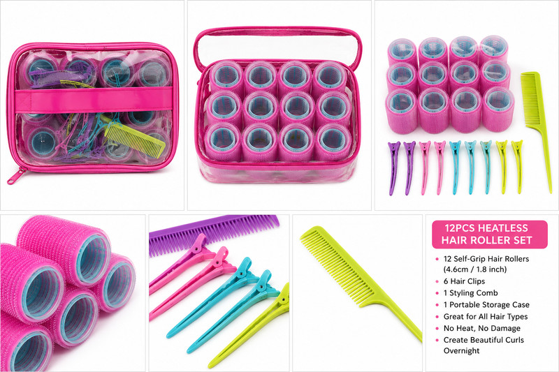 12 PCS Heatless Hair Roller Set Self Grip Curlers Clips Comb Travel storage Case