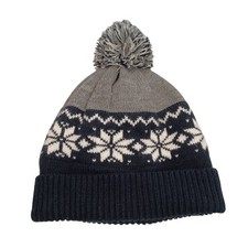 Grey and Black Knit Pom-pom Beanie with a Snowflake Pattern Winter Hat Cap