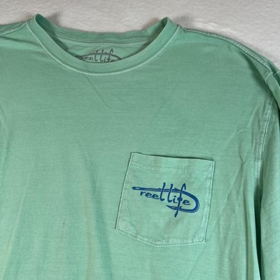 Reel Life Shirt Mens XL Green Long Sleeve Pocket Fish Graphic Fishing Tee