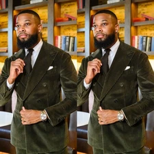 Corduroy Men Suits Winter Wedding Groom Tuxedos Army Green Formal Party Wear