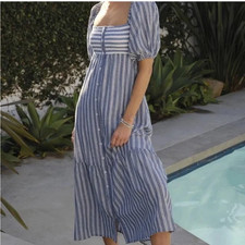 Love Tomas By Emerson Fry Striped Santiago Maxi Dress M/L Smocked Cotton NWT