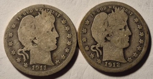1911 & 1912 Barber Silver Quarters (2 Coins)