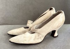 Antique VICTORIAN Edwardian OFF-WHITE LEATHER PUMPS Heels BEADED Sz 7 -Cheney's