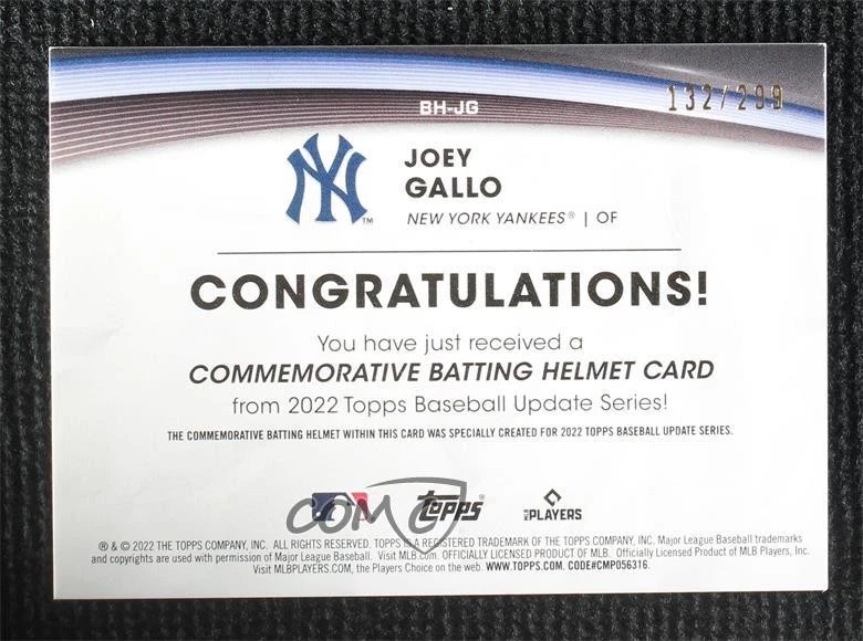 2022 Update Commemorative Batting Helmet Manufactured Relics Black Joey Gallo - Image 2 of 2