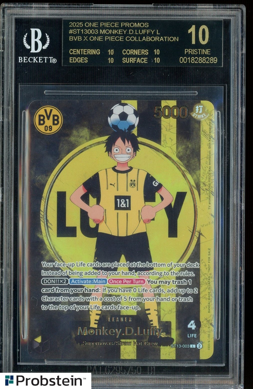 2025 BVB X ONE PIECE MATCH DAY PROMOS #003 MONKEY D. LUFFY BGS 10 BLACK LABEL view 1