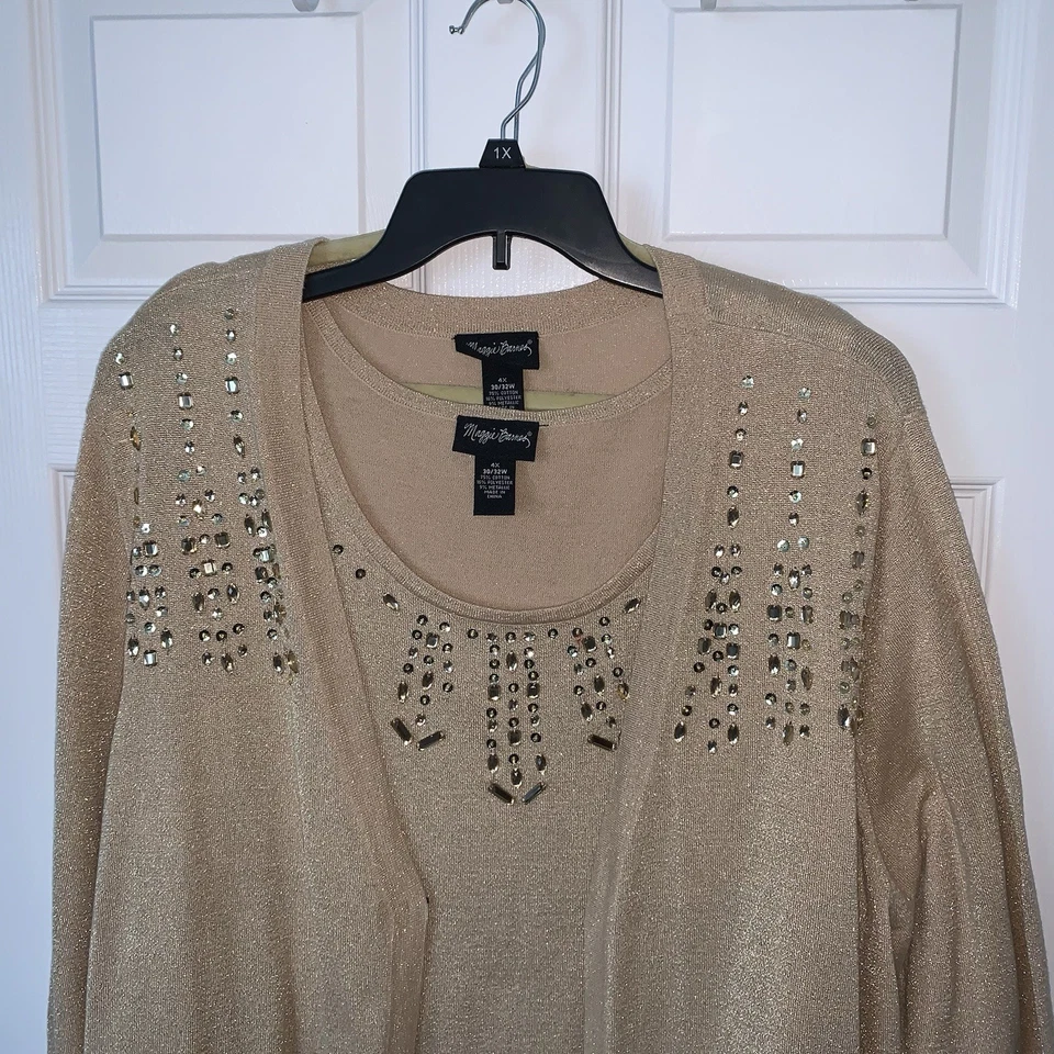 METALLIC GOLD SPARKLY MAGGIE BARNES 4X EMBELLLISHED CARDIGAN SWEATER & TANK - Image 3 of 4