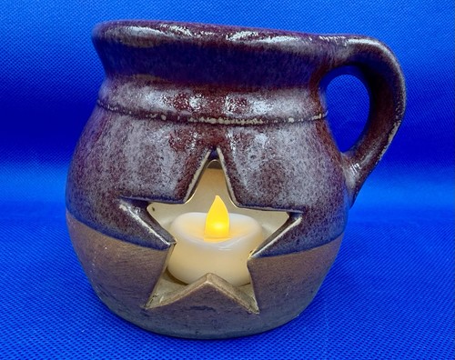 Rustic Pottery Star Cutout Candle Holder Primitive Country Handled Crock