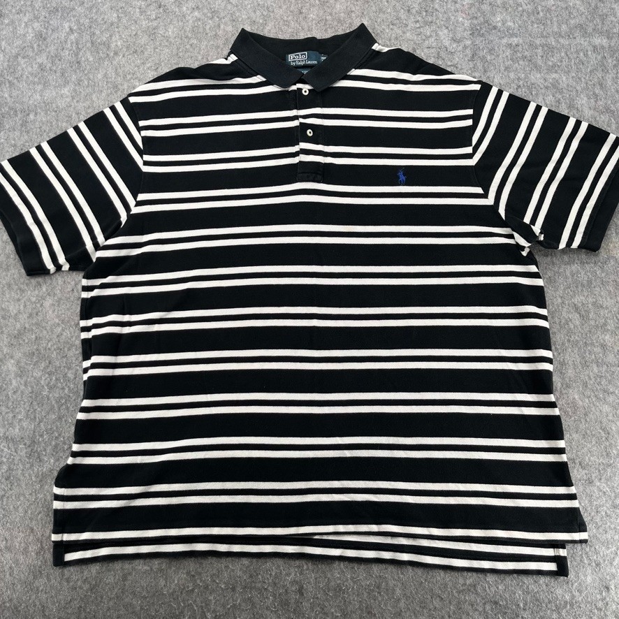 Vintage Polo Ralph Lauren 3XB Big Black/White Striped Polo Shirt Collar Button