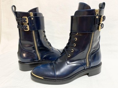 LOUIS VUITTON Belt Leather Short Boots 38 Navy X Gold Women
