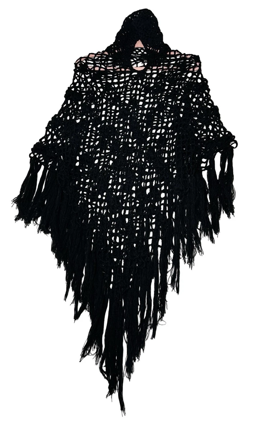 RARE Guess Cashmere Cotton Crochet Lace Hooded Poncho Goth Cape OS Black Fringe
Opens in a new windo