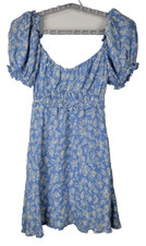 ASTR The Label Blue White Floral Milkmaid Babydoll Mini Puff Sleeve Sundress Sm