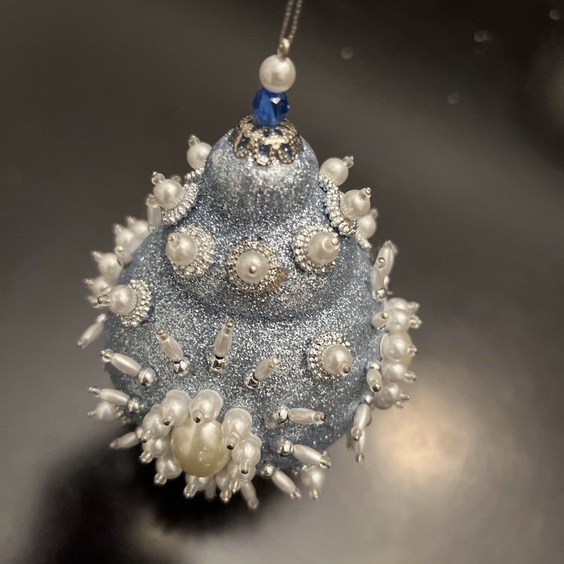 vintage handmade pin beads ornament lantern shape solver blue glittery