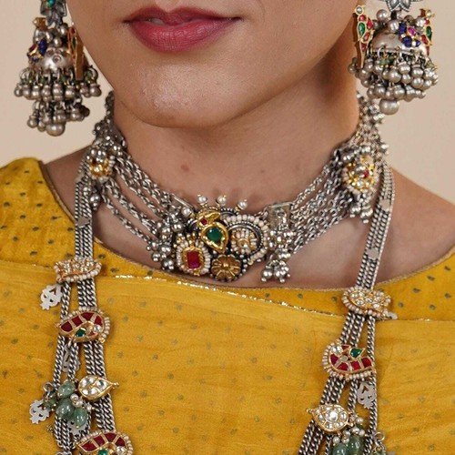 Handmade Indian Two Tone Indian Fusion Silver Choker Necklace with Kundan Work
