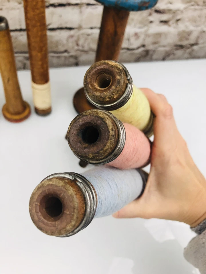 Lot Vintage Industrial Wood Textile Mill Spools Bobbins Spindles Yarn  - Image 3 of 4