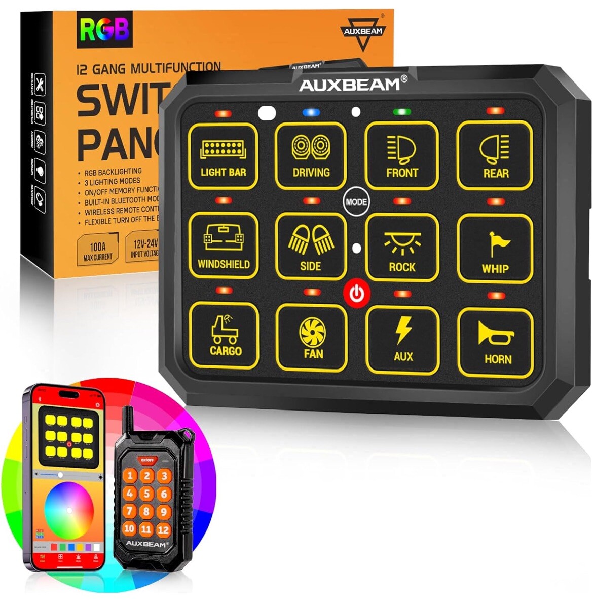 AUXBEAM 12 Gang AC-1200 RGB Switch Panel LED Light Bar Pods APP & Remote Control