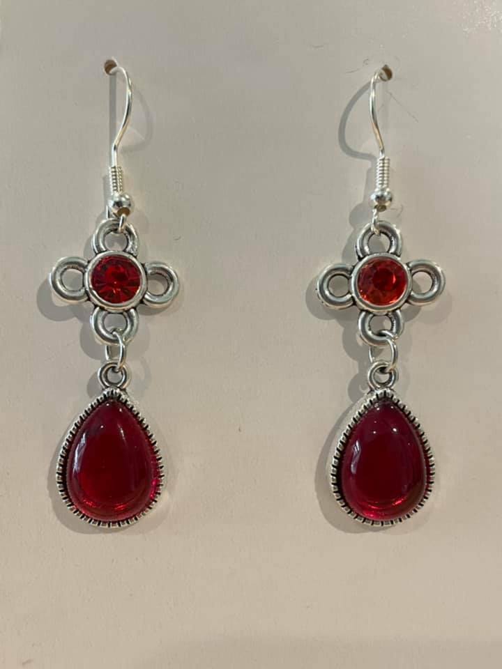 Handmade Red Teardrop Crystal Hook Earrings with Floral Accents