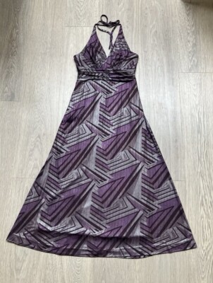 Frank Lyman Dress Size UK 10 Purple Silver Long Maxi Tie Halter Gown Cruise