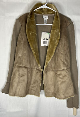 Jaclyn Smith Suede Fabric Knit Faux Fur TAN Jacket Womens C Hook  Size L Large