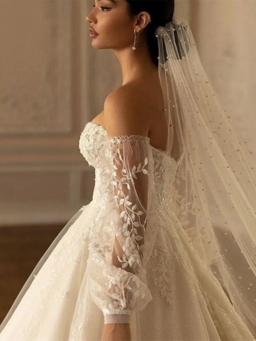 Pearls Bridal Veil Soft 1 Tier Beaded Wedding Veil Cathedral  display picture 1