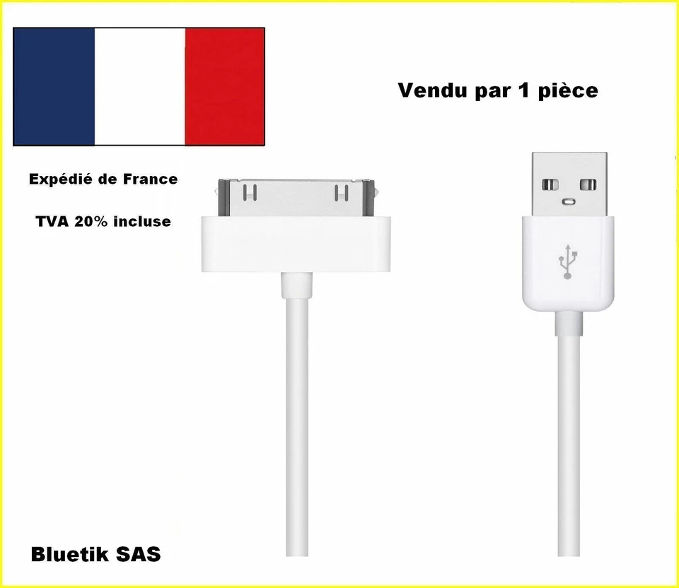 JT 1m Câble Compatible iPhone 4 4s, 3G 3GS, iPad 1 2 3 iPod, Sync Data USB Blanc(A1