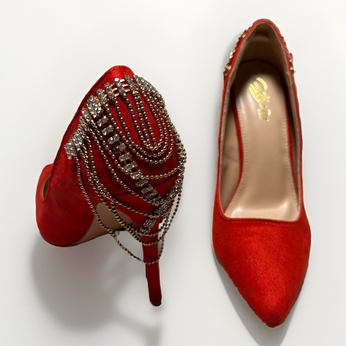 Size Cathy Din USA Red Suede 4” Stiletto Heels (Removable Gold