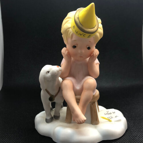 1987 FRANKLIN MINT ALMOST ANGELS FIGURINE Friend Loves all times lamb dunce cap - Picture 1 of 6