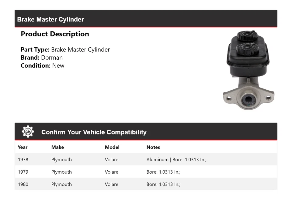 For 1978-1980 Plymouth Volare Dorman Brake Master Cylinder 1979 - Image 2 of 4