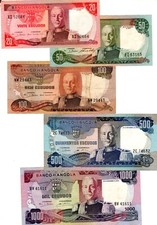 LOT SET SERIES 5 BILLETS ANGOLA 20 50 100 500 1000 ESCUDOS 1973 P99 100 101 102
