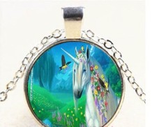 Silver 20" necklace UNICORN FLOWER glass gem Pendant charm female Free 10 GIFT