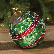 New Green Stripe  Snowflake Light Up Ball Ornament Large 6" diameter FREE SHIP
