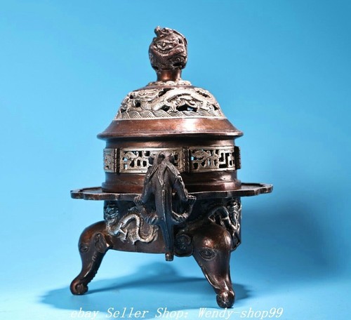 8" DaMing Xuande Copper Silver Dragon Pixiu Elephant Head Incense Burner Censer - Picture 3 of 9