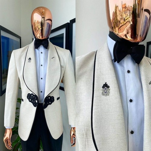 Men White Suit Black Edge Node Single Breasted Tuxedo Shawl Lapel Custom Wedding - Picture 8 of 9