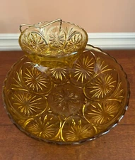 Vintage Anchor Hocking Honey Gold Chip and Dip Set with Brass Holder USA