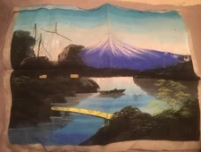 Vintage ~ Asian ~ Silk Screen Panel ~ Signed ~ Mountains ~  Lake ~ Sailboat