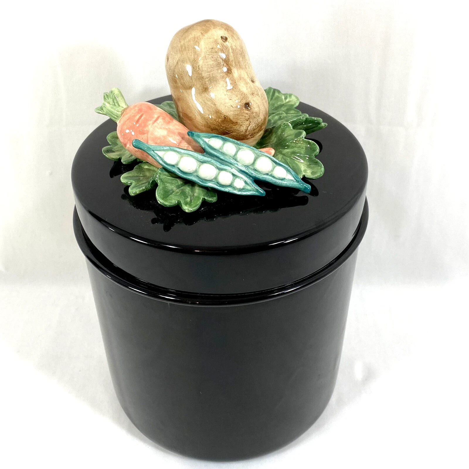 Vtg 1982 Fitz & Floyd Japan Black Canister & Lid Vegetables Potato Peas Carrot