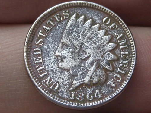 1864 Copper Nickel CN Indian Head Cent Penny- Fine Details, Partial LIBERTY