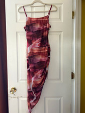 Fashion Q Pink Purple Abstract Mesh Bodycon Midi Dress Square Neck Asymmetric L