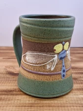Dragonfly Coffee Cup Mug Studio Art Pottery Stone Textured Glaze Brown/Green JB