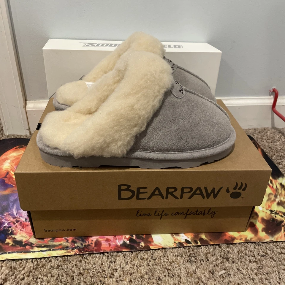 Bearpaw Mujer Zapatillas Grises Con Piel!  Loki talla 7. ¡Cómodo y cálido! ¡Nuevo con caja! Foto 2 de 4