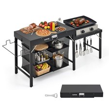 Foldable Outdoor Metal Grill Cart W/ Extendable Side Table&Under-Shelf Storage