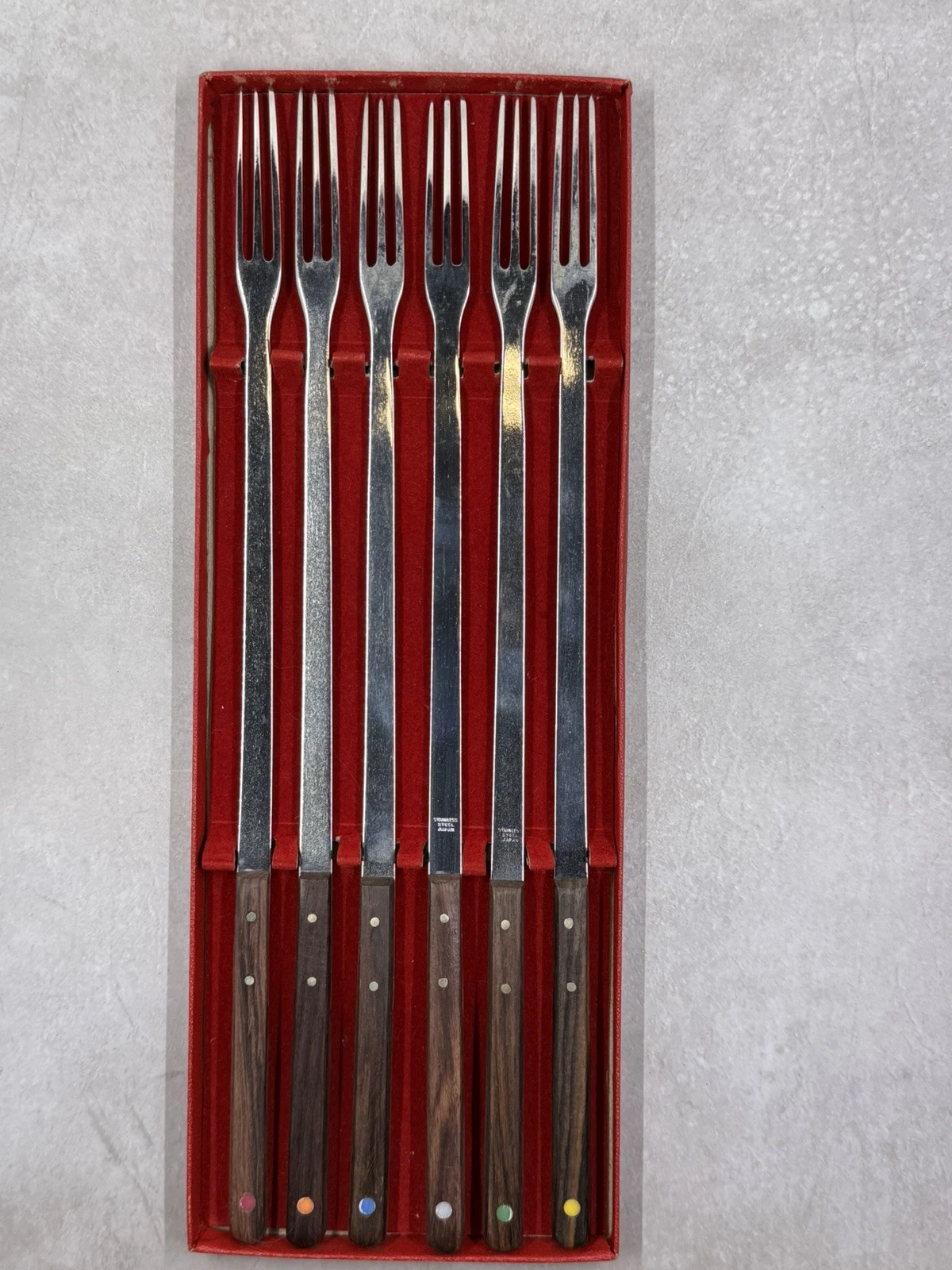 Vintage MID CENTURY JAPAN FONDUE FORK SET OF 6 Wooden Handle COLOR CODED In Box!