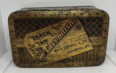 Scarce 1900s Black and Tan Litho Hinged Flake Cut Cavendish Tobacco Tin New York