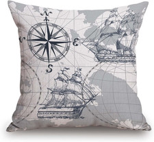 Nautical Sailboat Map Throw Pillow Cover Ship Anchor Cotton Linen Decorative Pil