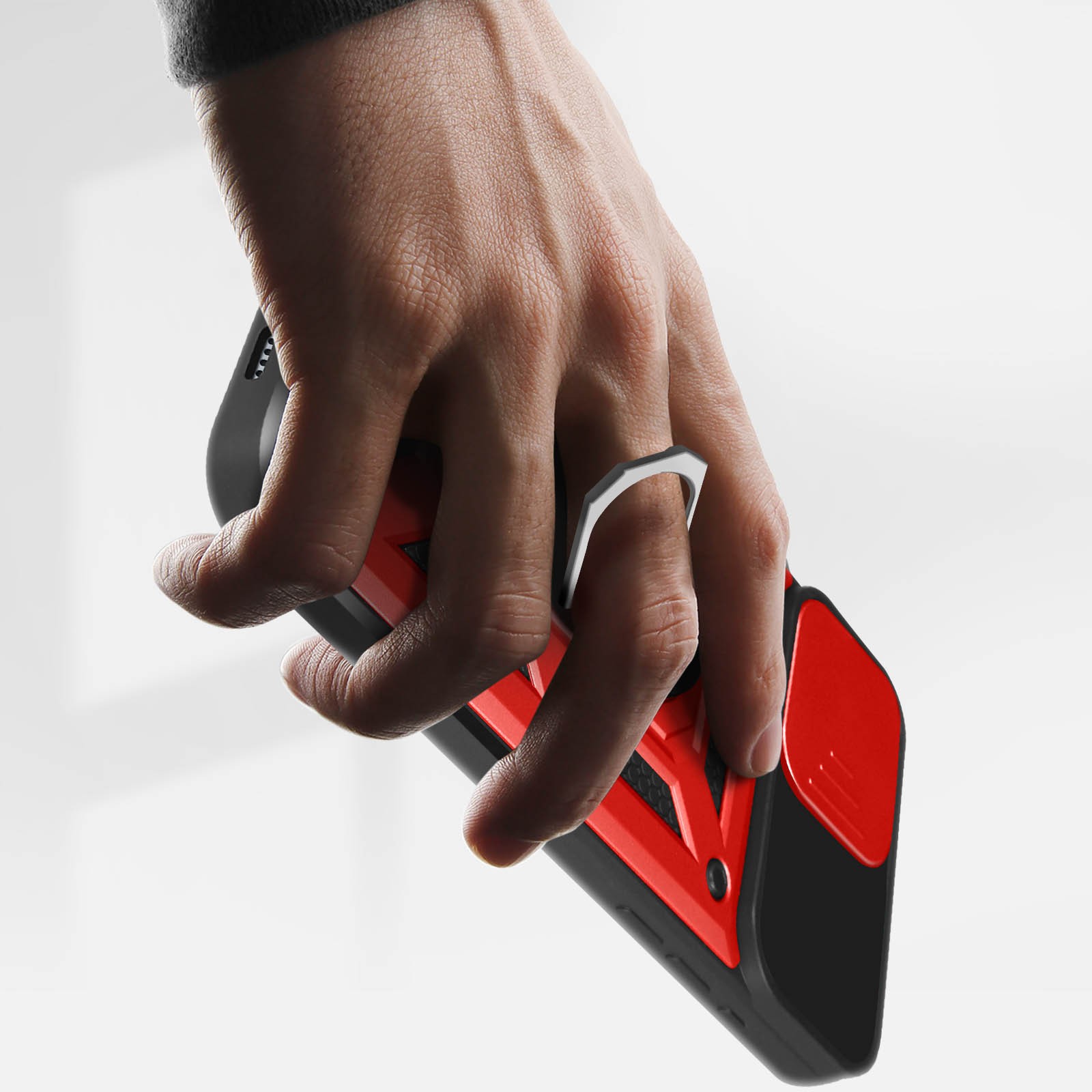 Coque iPhone 15 Pro Max antichoc rouge rigide avec cache objectif coulissant